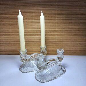 Vintage 1950s Clear Glass Candle Holders – Mid‑Century Cast Glass Pair